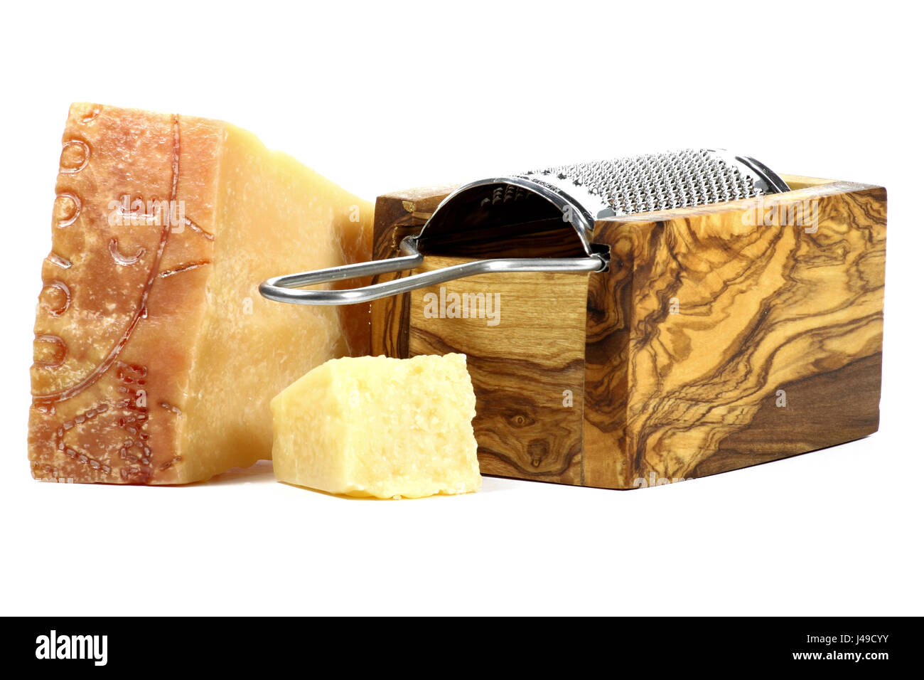 Italian hard cheese with grater isolated on white background Stock