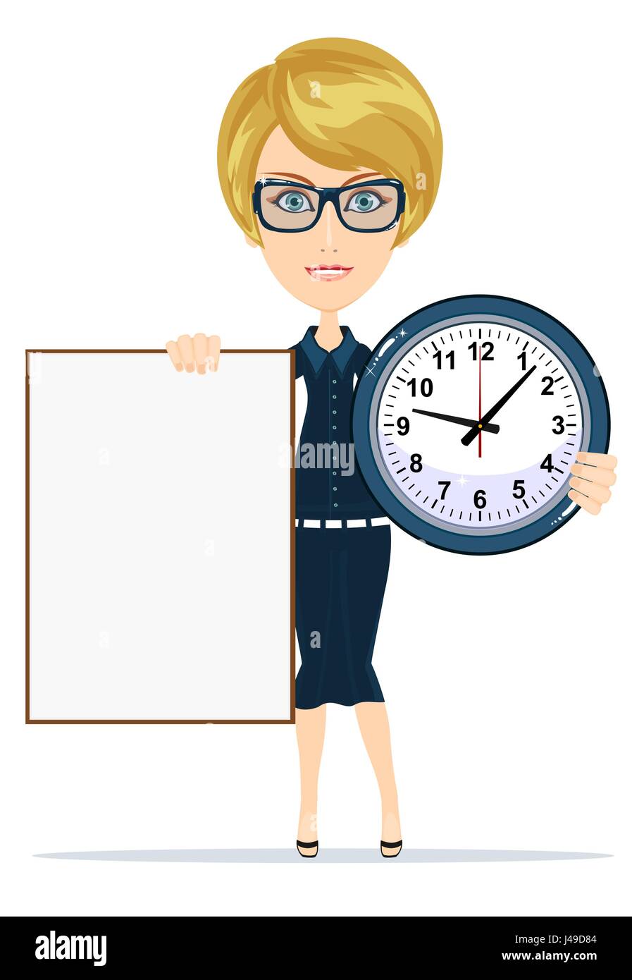 Woman holding a blank poster and clock Stock Vector