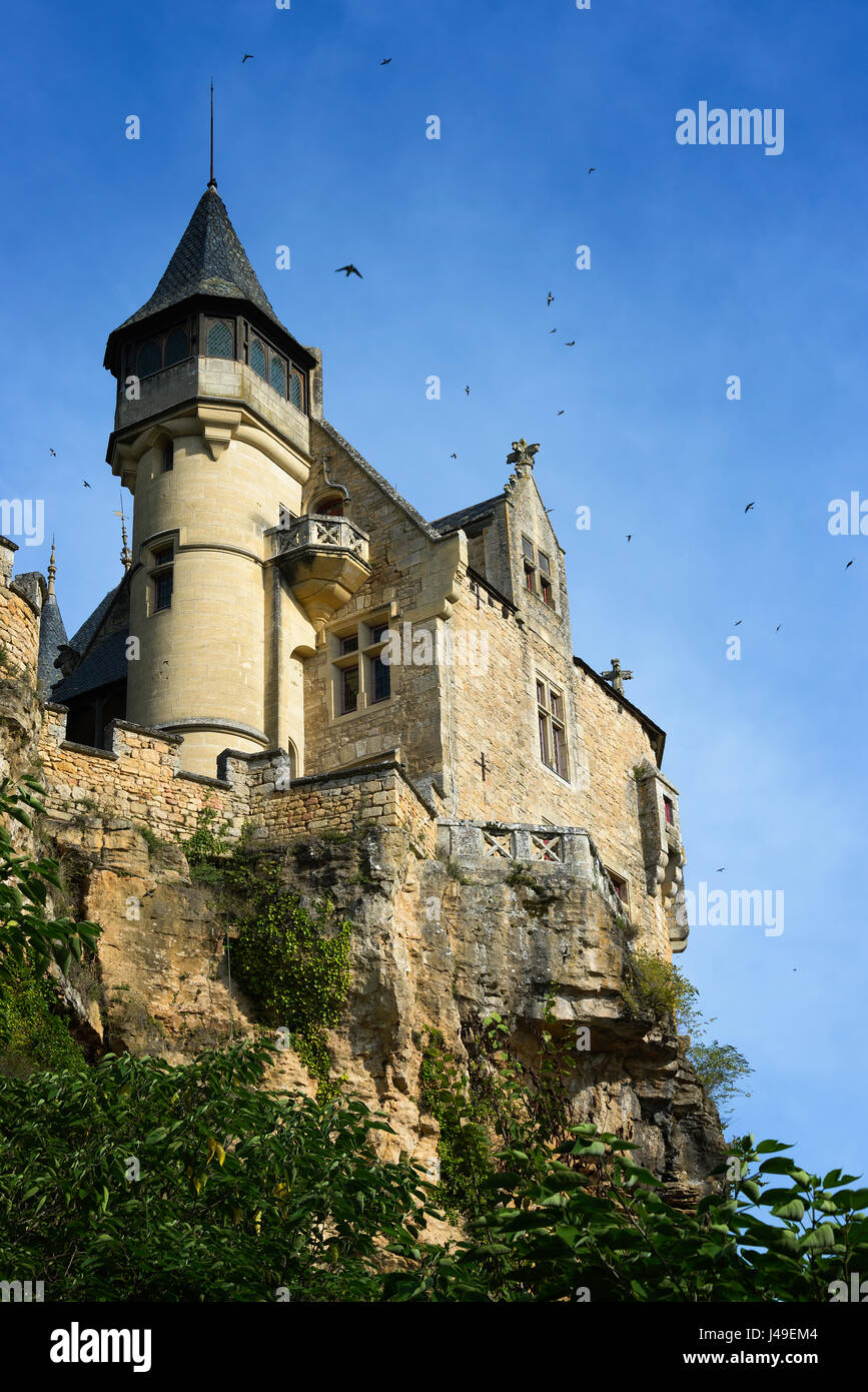 Swallows flying around spooky medieval Chateau de Montfort castle, built upon the cliffs along Dordogne river in Vitrac, Perigord province in France. Stock Photo