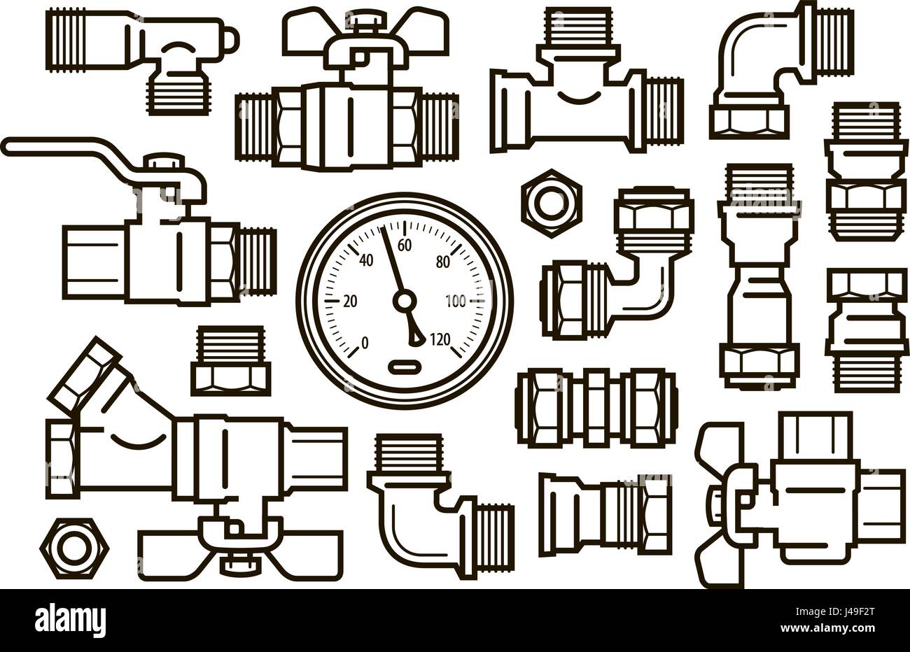 Sanitary engineering, plumbing set icons. Water supply, heating concept. Vector illustration Stock Vector