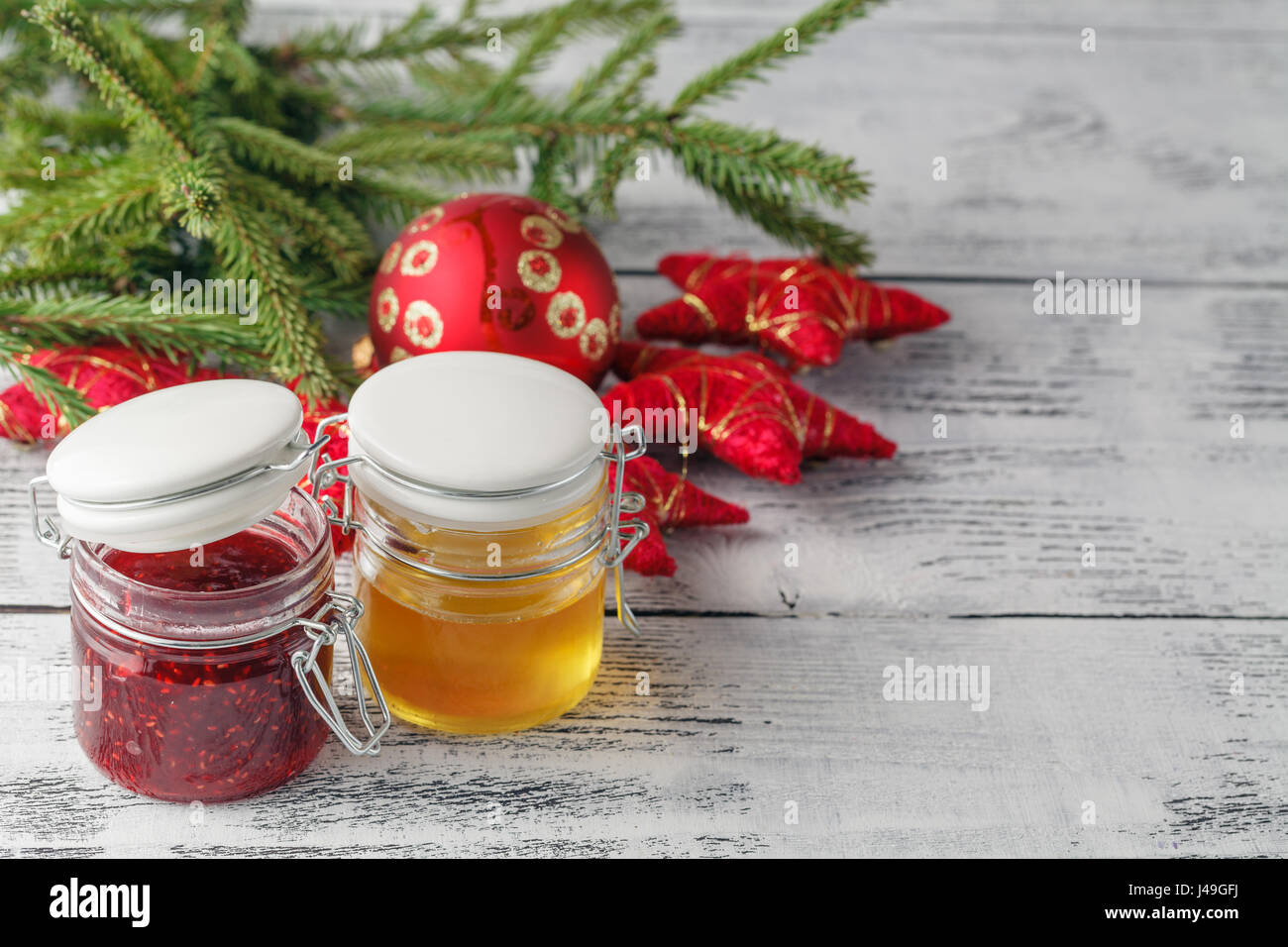 Christmas jar of jam and honey  with ornaments Stock Photo