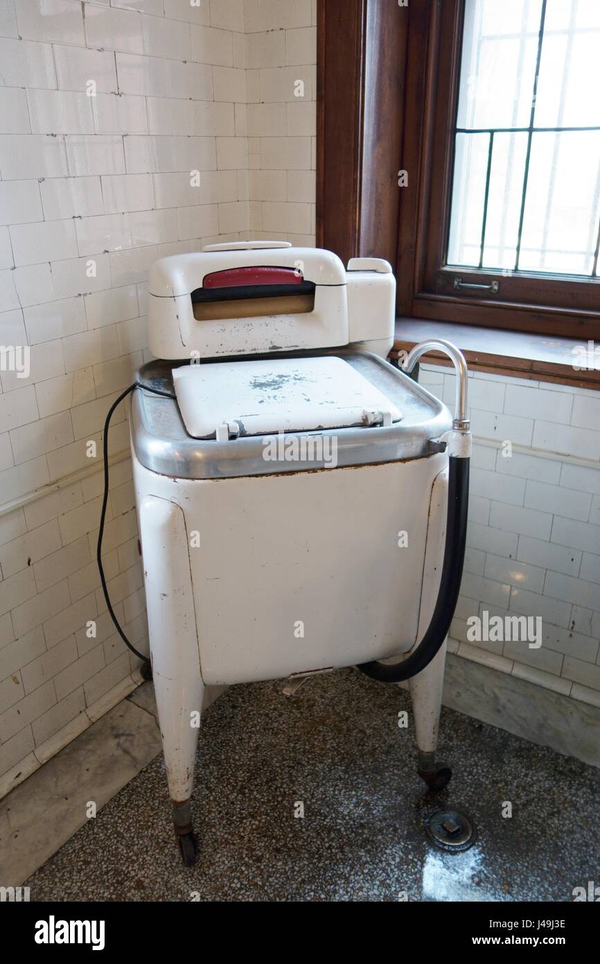 An old fashioned washing maching, in the laundry room at Glensheen Mansion in Duluth, Minnesota, USA. Stock Photo