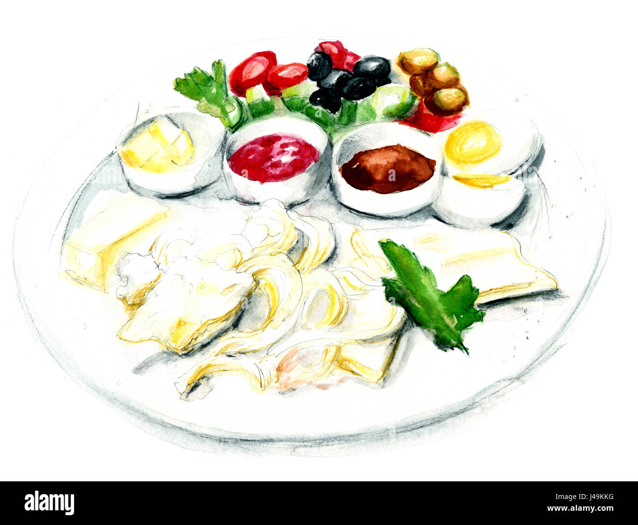 A Turkish breakfast salad, hand painted in watercolor and isolated on a white background. Stock Photo