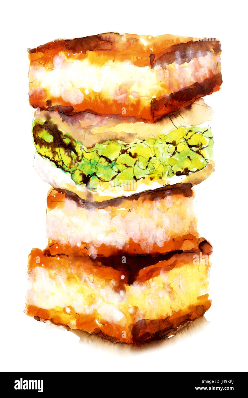 A group of Baklava Arabic sweets, hand painted in watercolor, Isolated on a white background. Stock Photo