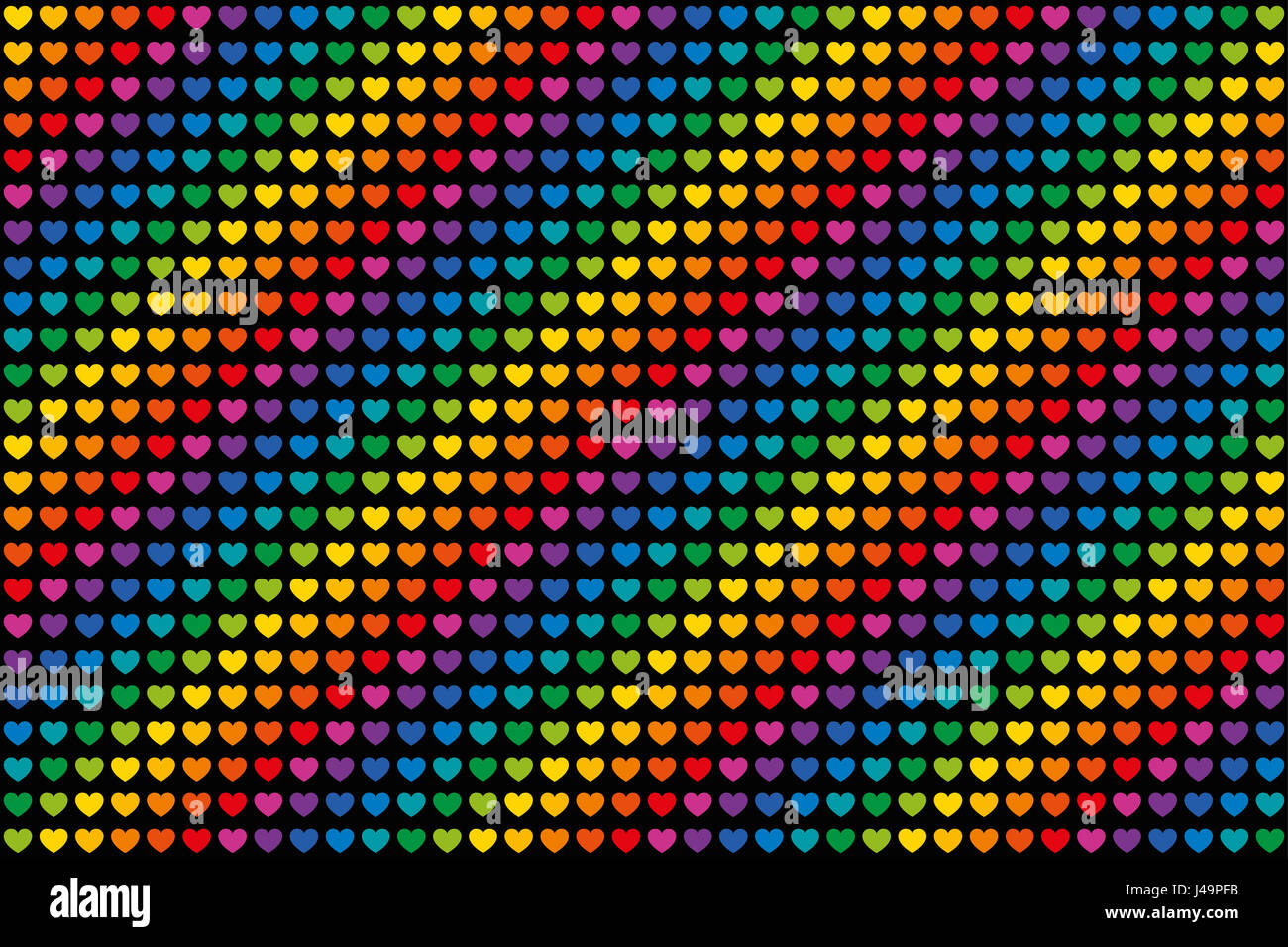 Rainbow colored hearts pattern endless tile. Heart symbols in twelve unique color hues. Can be used as endless background or wallpaper. Stock Photo