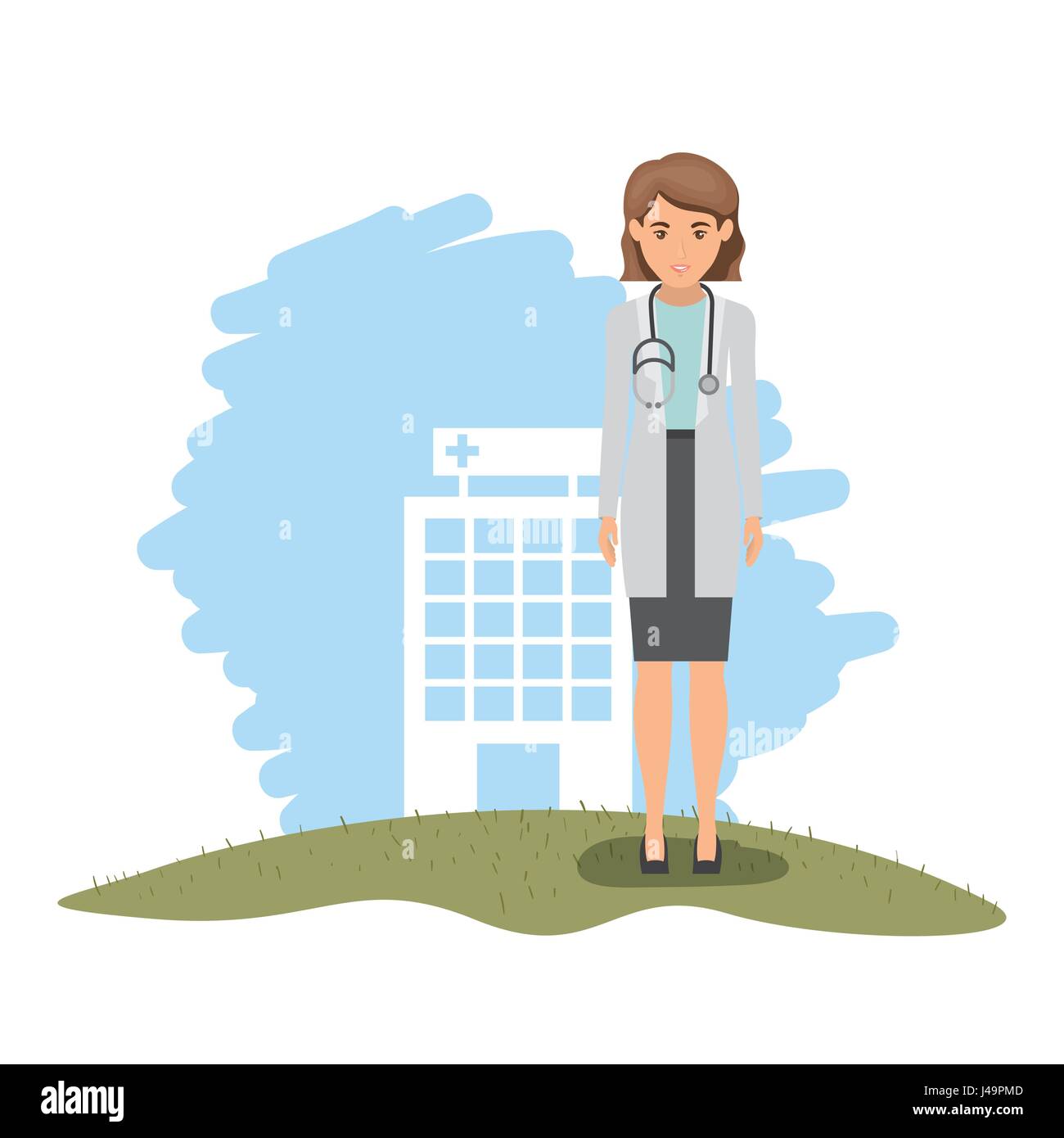 color landscape with hospital of background and female doctor with stethoscope Stock Vector