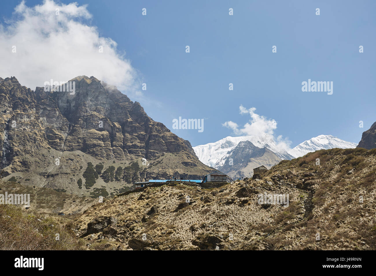 Remote accommodation in the valleys of the himalayan mountain range, Nepal. Stock Photo