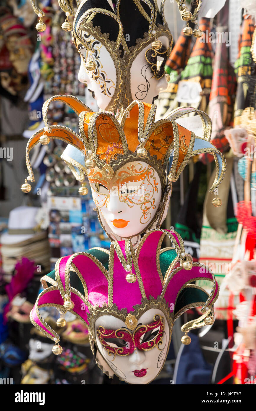 Italy, Venice, Venetian carnival masks for sale. Stock Photo