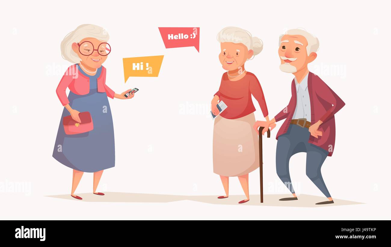 Elderly couple and an old woman in the style of a cartoon. Old people get together. Vector illustration of a flat design. Bubble for text. Stock Vector