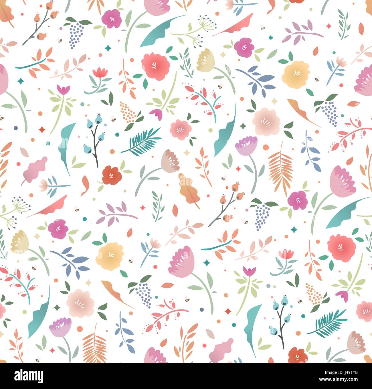 Spring seamless floral pattern on a white background. Bright flowers and leaves, flat design. Background for fabric, paper, children's clothing. Stock Vector