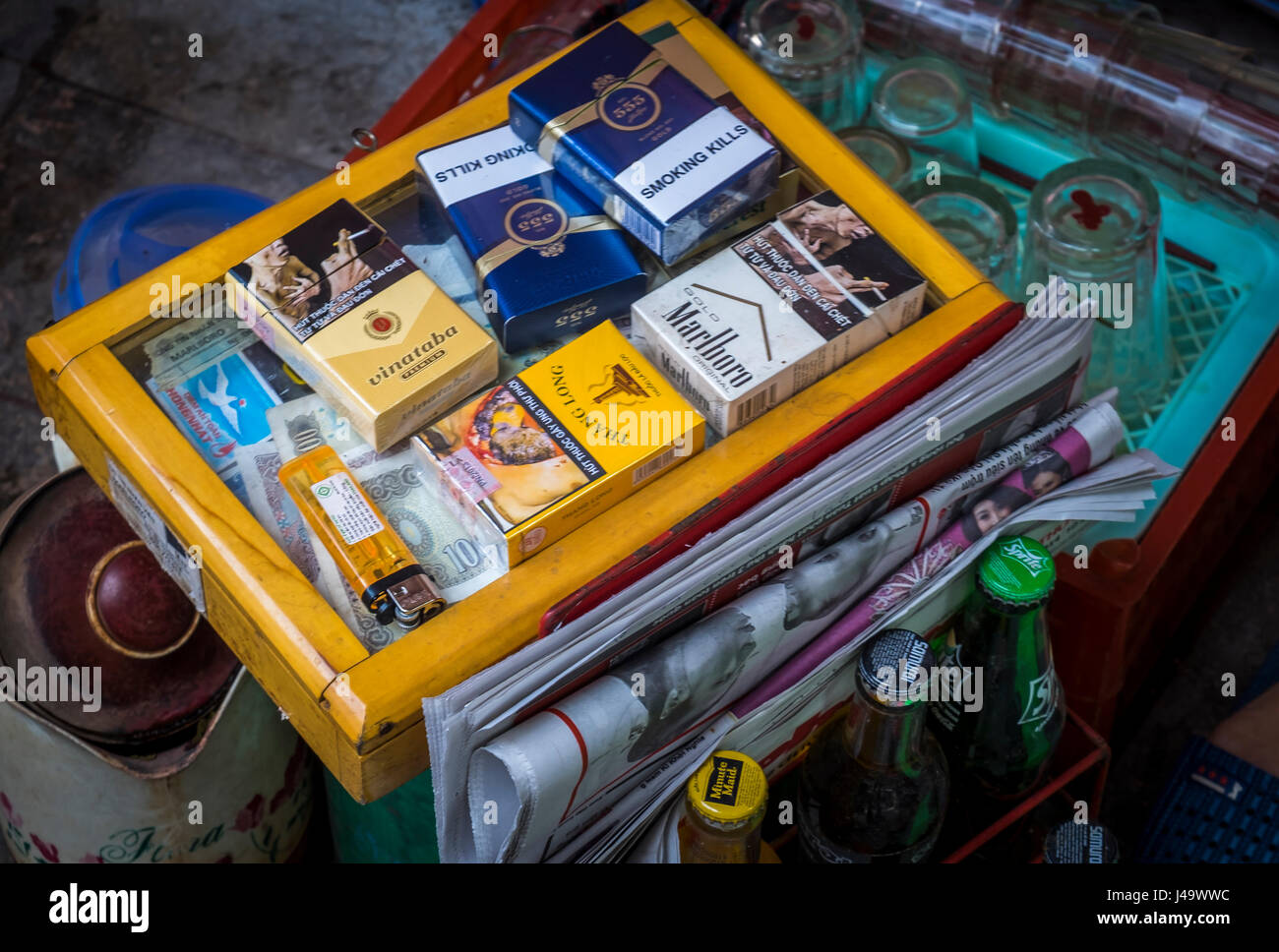 HANOI, VIETNAM CIRCA SEPTEMBER 2014 Cigarette vending on street of the Old Quarter in Hanoi