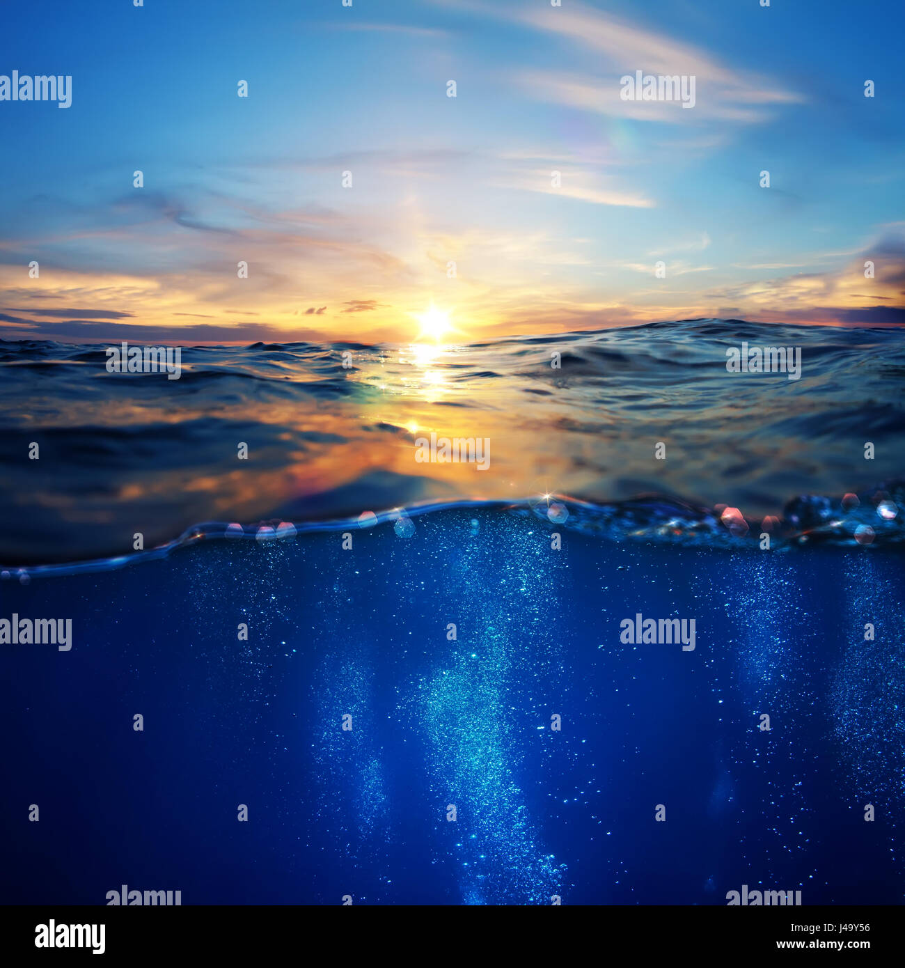 design template with underwater part and sunset skylight splitted by ...