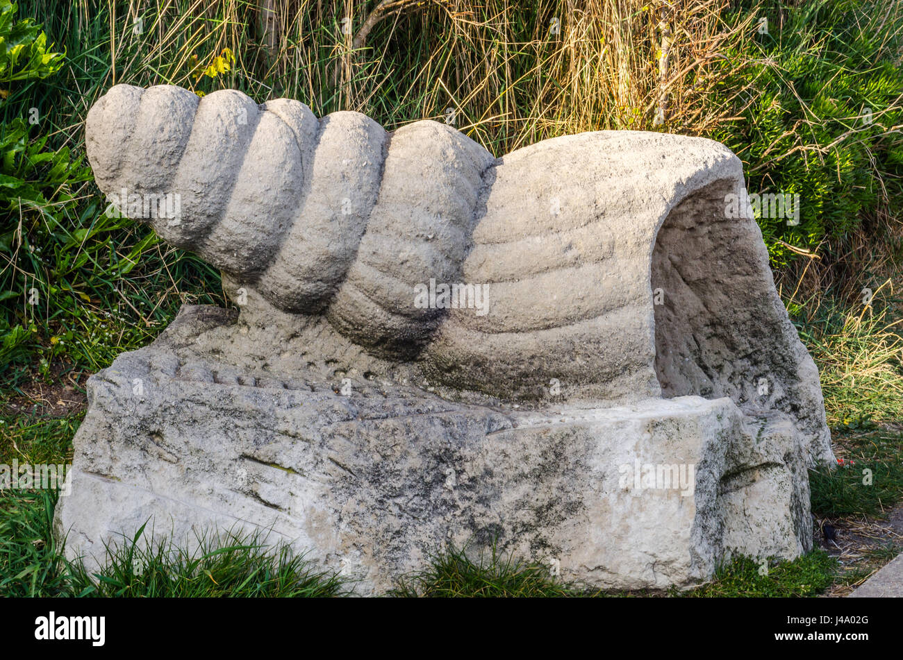 Big concrete shell on the wall at the seaside promenade, seaside ...