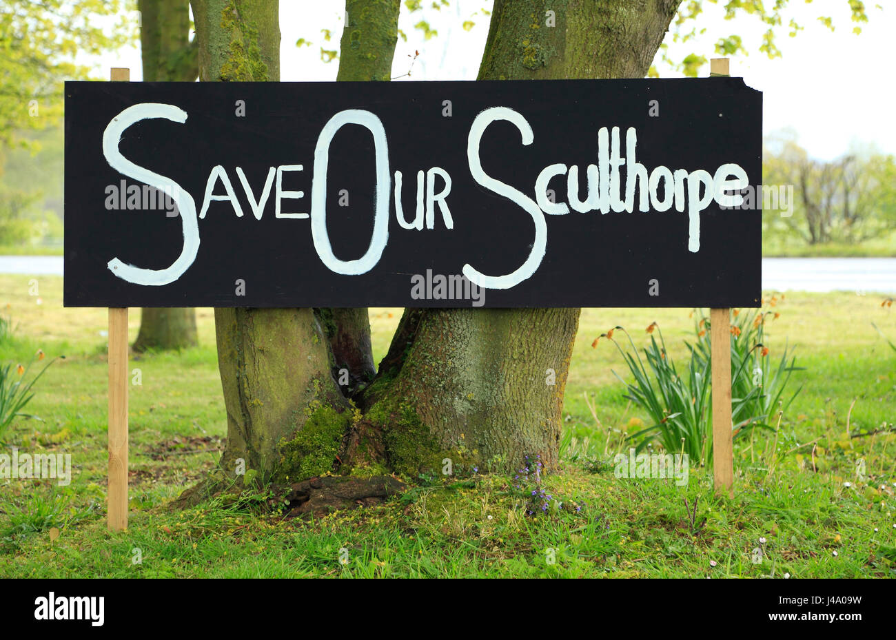 Protest Sign against housing development plans, Sculthorpe village, Norfolk England UK, 'save our Sculthorpe' Stock Photo