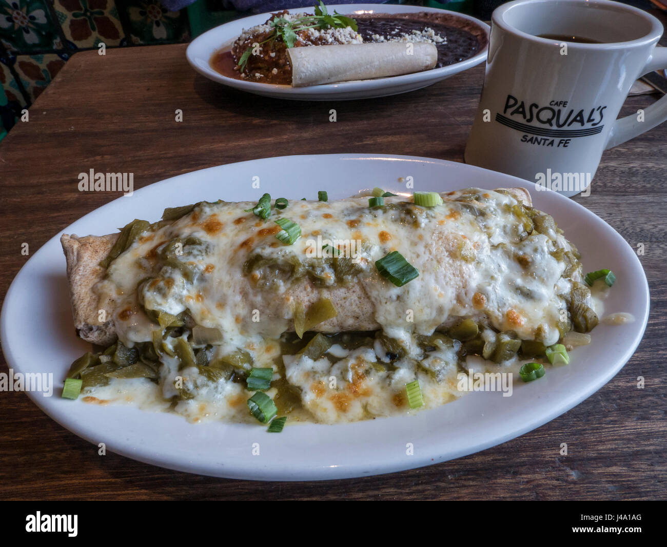 Chorizo breakfast burrito with green chili, Cafe Pasqual's, downtown Santa Fe, New Mexico Stock
