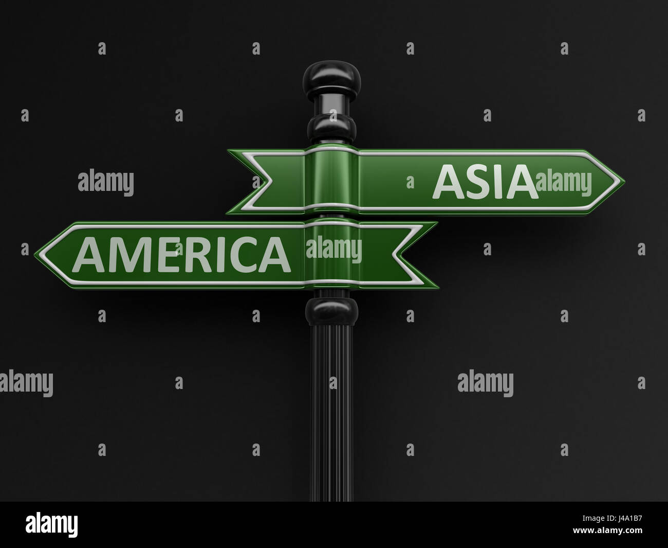 Asia and America pointers on signpost. Image with clipping path Stock Photo