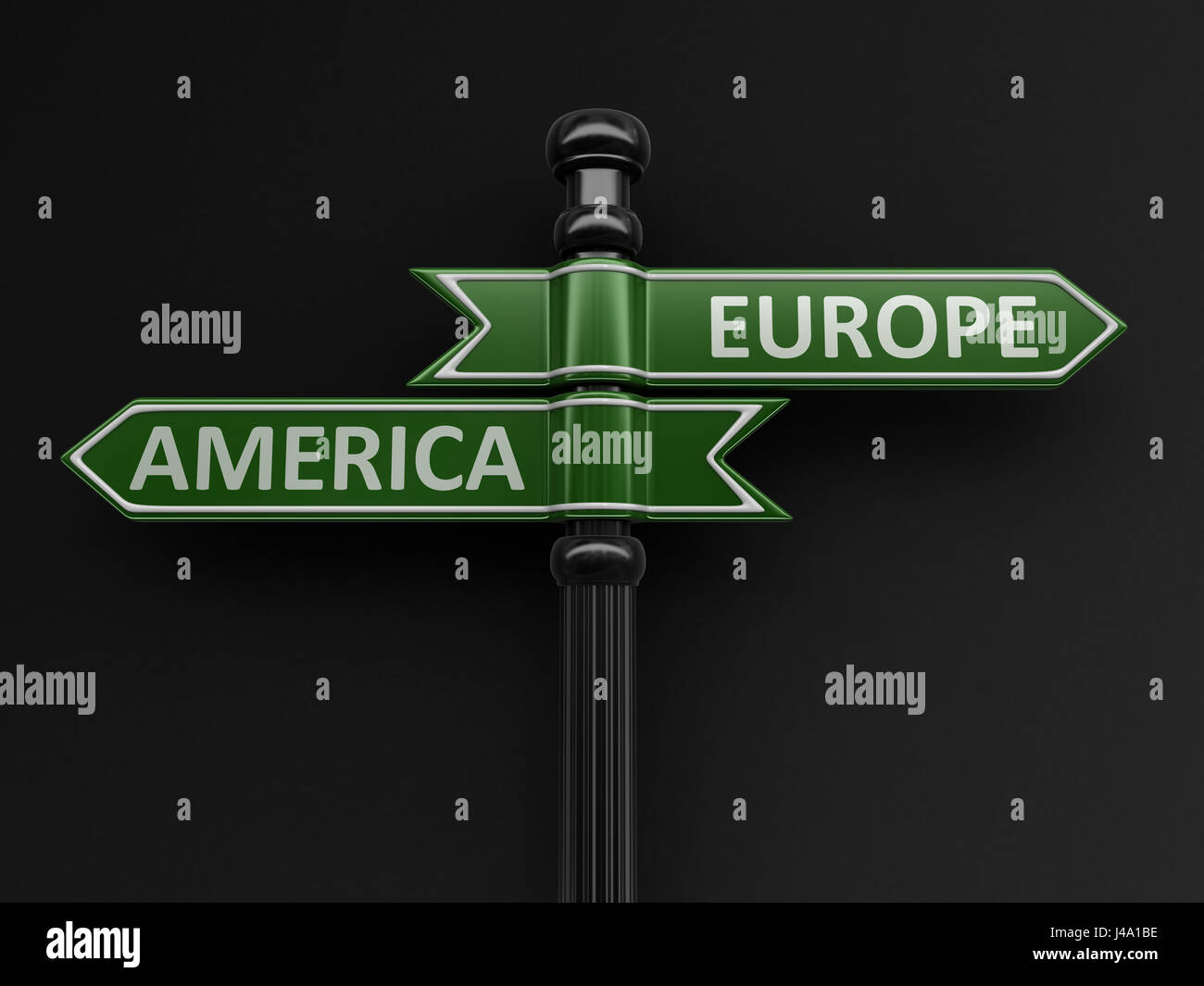 Europe and America pointers on signpost. Image with clipping path Stock Photo