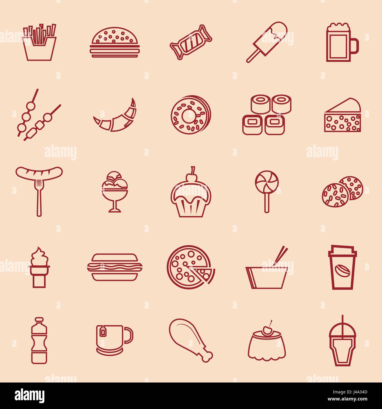 Fast food line color icons on brown background, stock vector Stock ...
