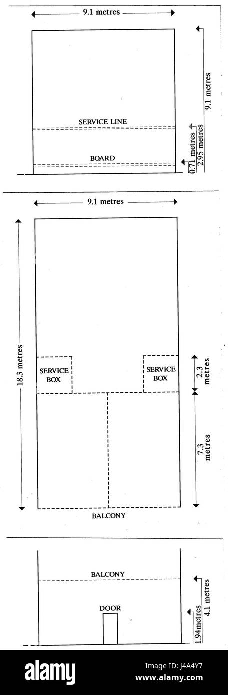 A rackets court layout refers to the design or floor plan of a space used for the game of rackets, a precursor to modern squash, with specific measurements and features for the sport. Stock Photo