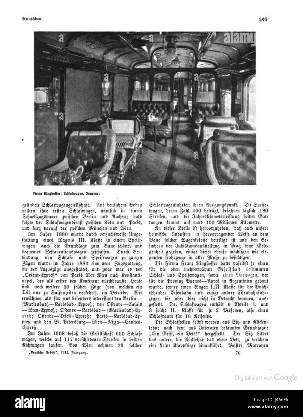 This image likely shows the interior of a 1908 Ringhoffer sleeping car, a type of luxury train carriage used during the early 20th century for overnight travel in Europe. Stock Photo