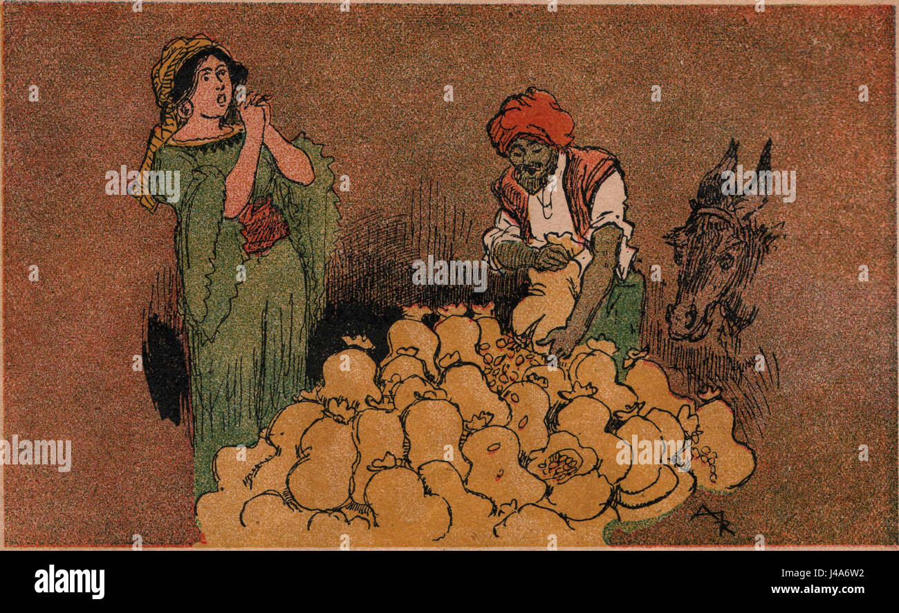 This refers to a page from a work by Albert Robida, likely related to his illustrations or adaptations of *Ali Baba and the Forty Thieves*, focusing on an early part of the story. Stock Photo