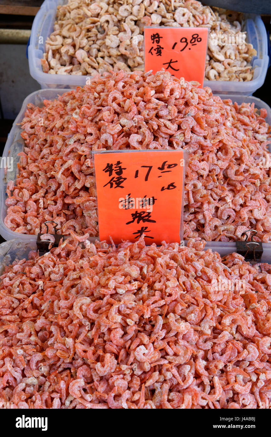 Bins of Chinese colorful dried shrimp in a shop in Chinatown, Vancouver