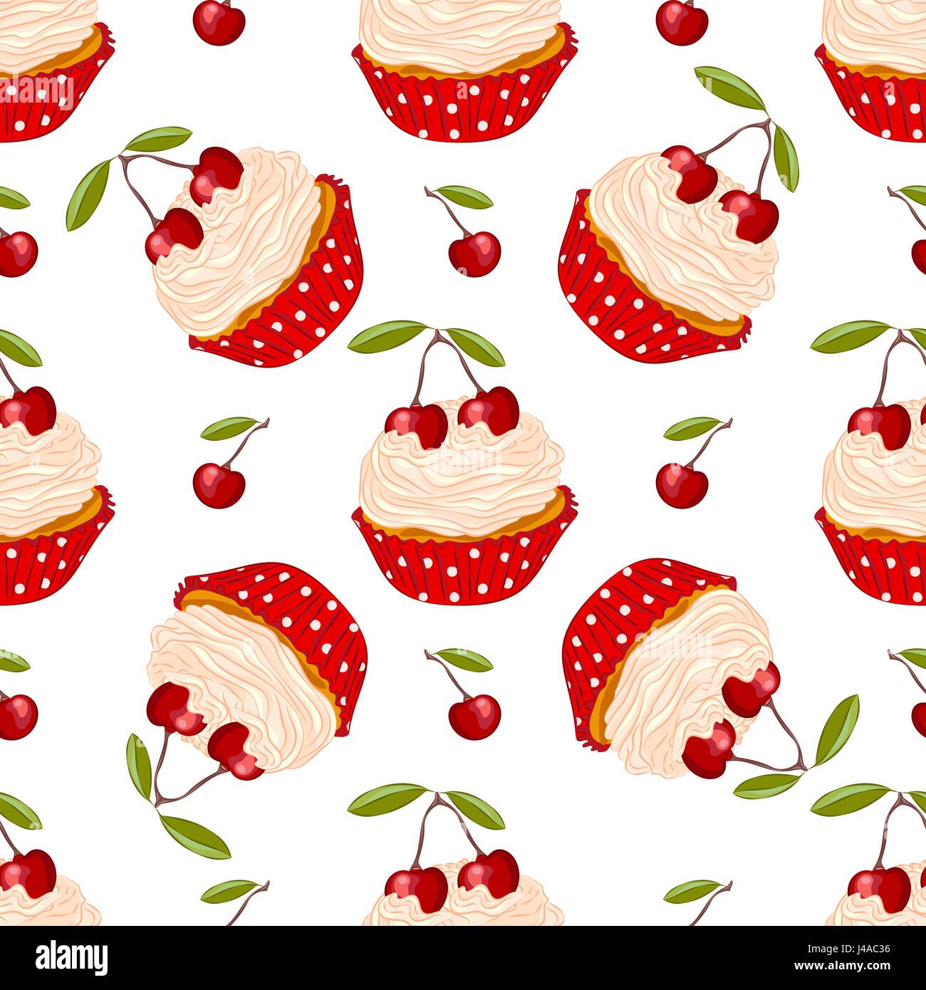 Cupcake with fresh cherry in red holder vector seamless pattern.  Sweet dessert for wrapper or textile. Stock Vector