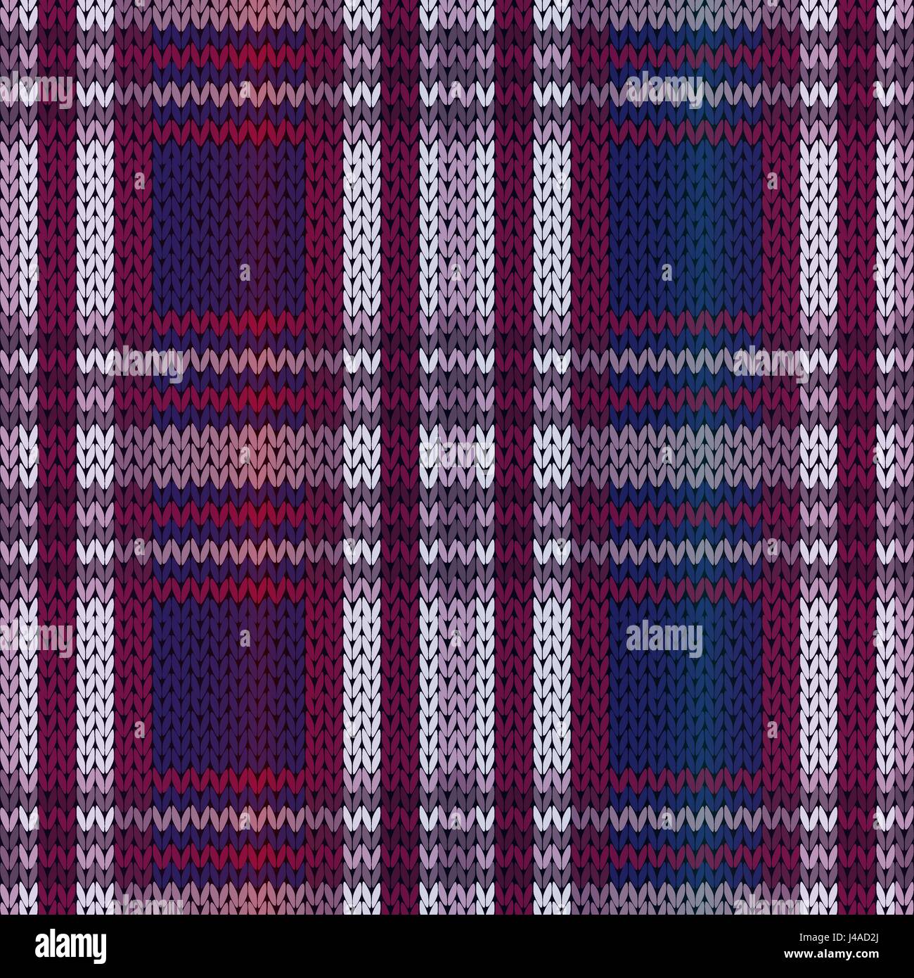 Seamless knitting vector pattern as a fabric texture mainly in blue, violet and claret hues Stock Vector