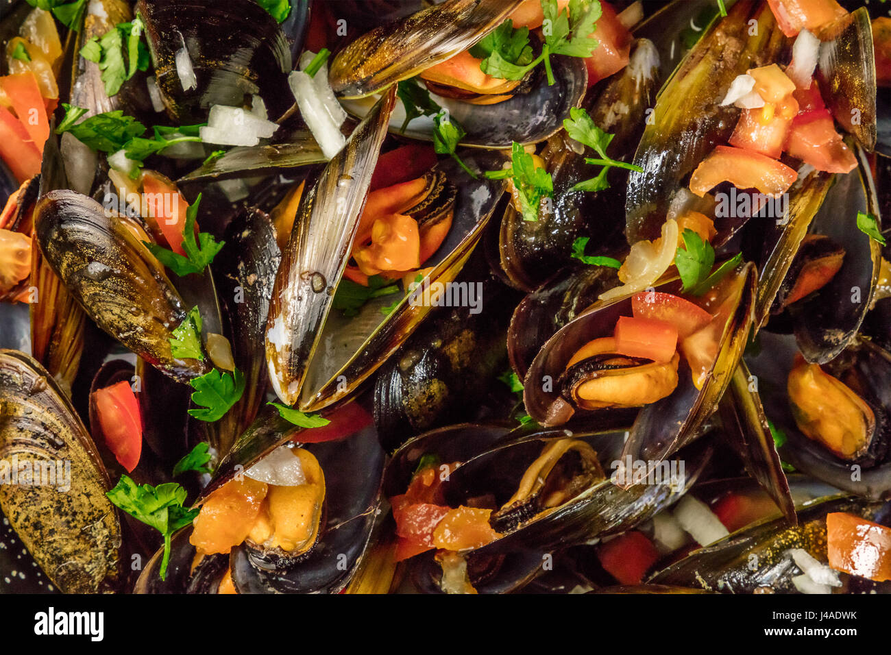 Closeup of marinara mussels, shot from above Stock Photo