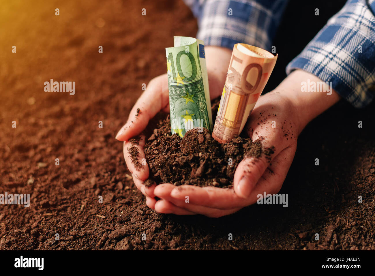 Hands with fertile soil and euro money banknotes, female farmer handful of cultivated land that makes profit and steady income from sustainable agricu Stock Photo