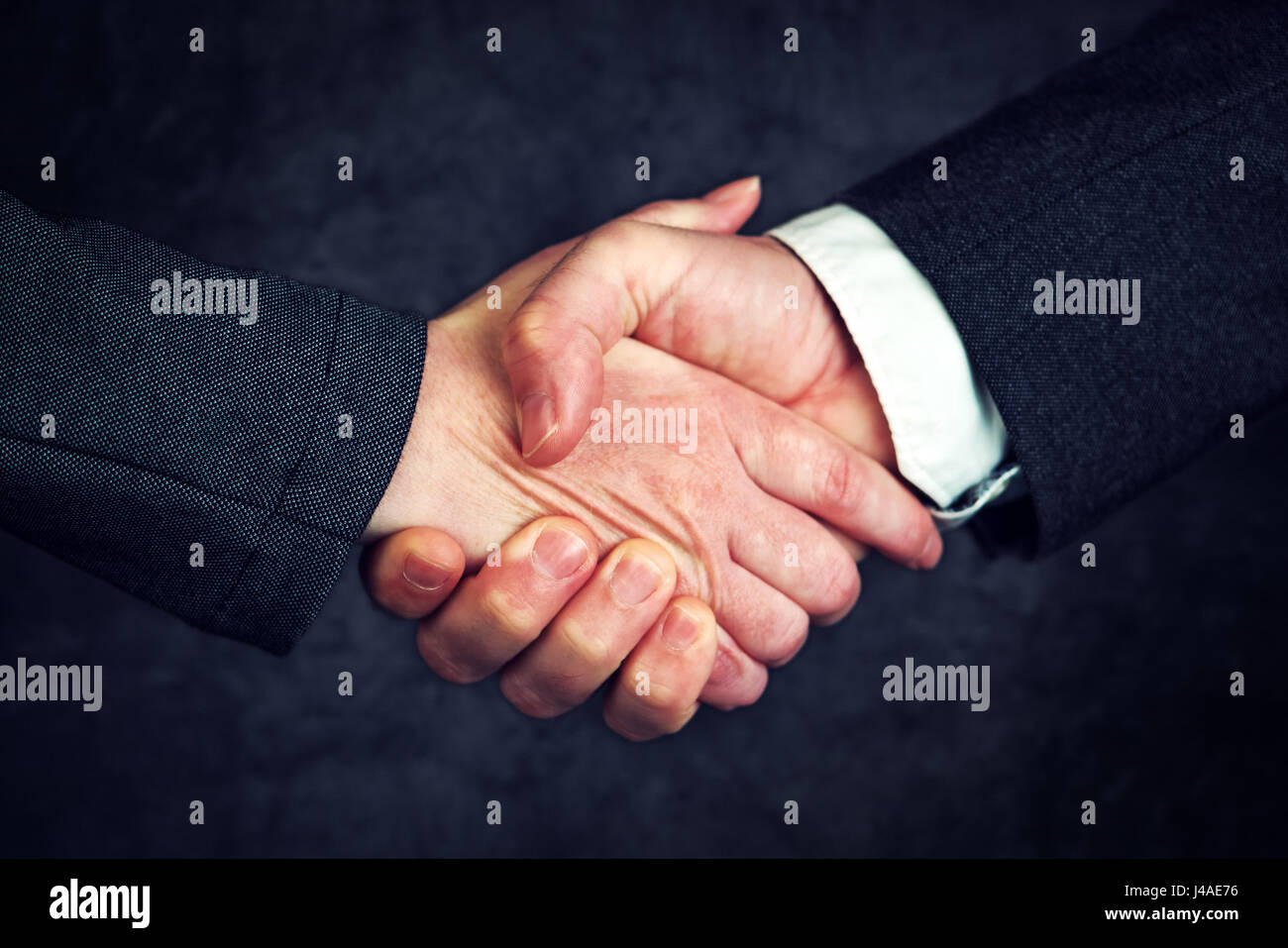 Joint enterprise handshake over business agreement, male and female businesspeople shaking hands after forming a strategic partnership Stock Photo