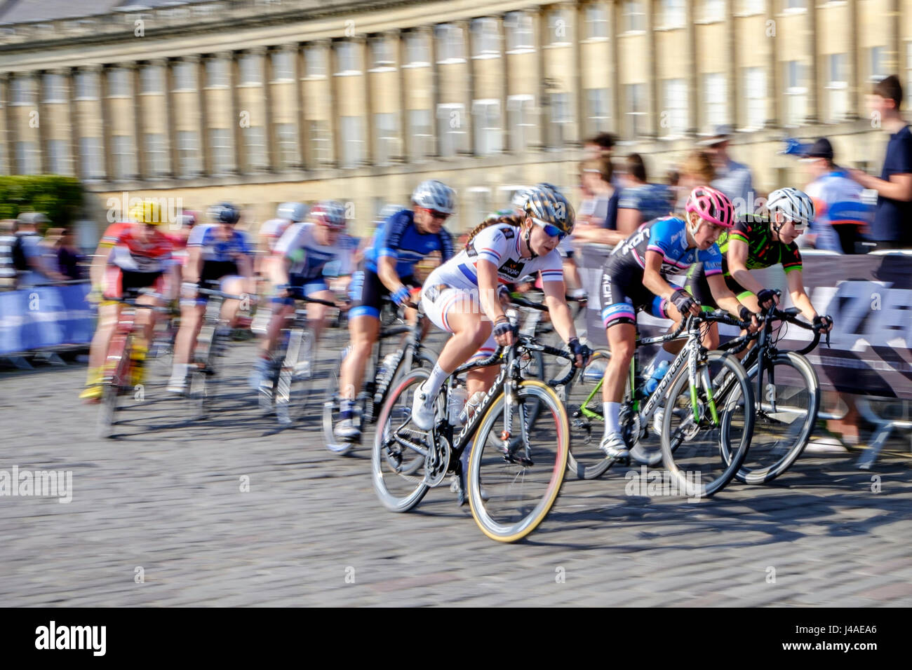 Competitors are pictured in Bath's Royal Crescent as they take part in the final round of the womens Matrix Fitness Grand Prix Series bicycle race Stock Photo
