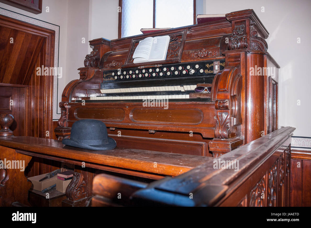 A close up of the orchestral organ at the church at Beamish Museum