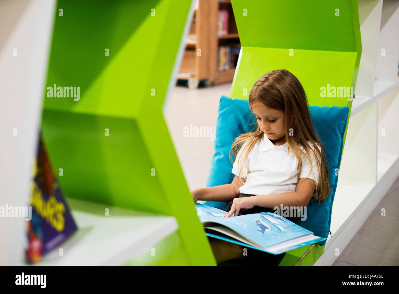 Young Girl Reading Children Story Book in Library Stock Photo - Alamy