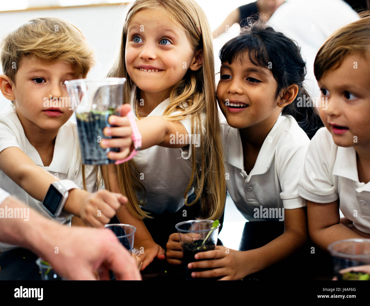 Group of diverse kindergarten students learning planting experiment in science laboratory class Stock Photo