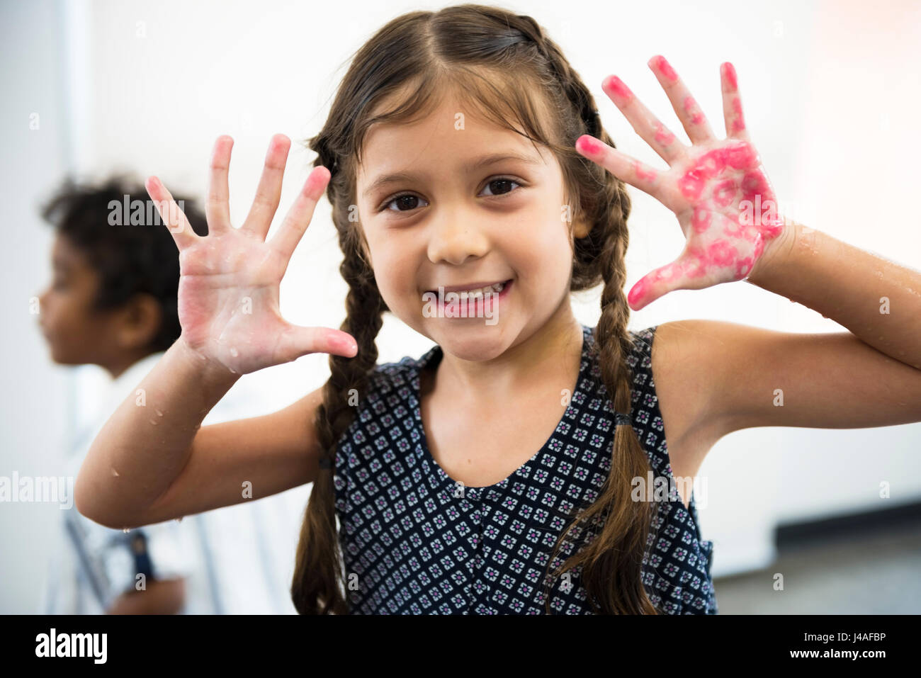 Young Girl Showing Hands Color Stamp Stock Photo Alamy