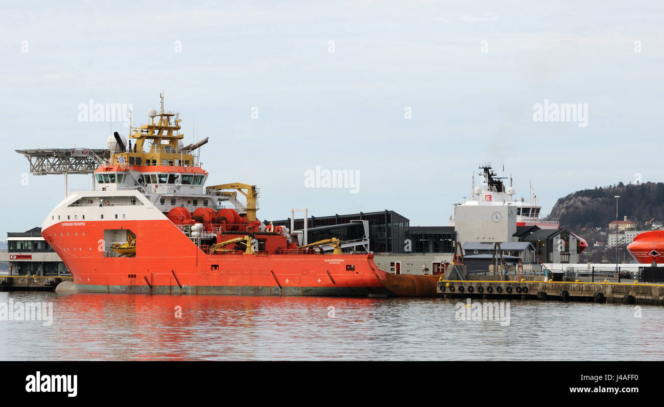 The tug supply vessel Normand Prosper moored in Bergen harbour. Bergen