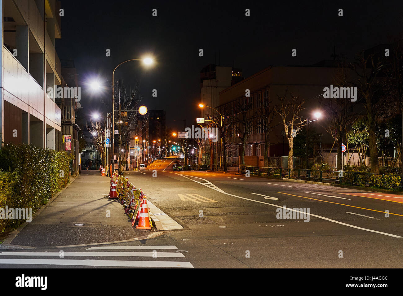 Midnight Streetlights With Various Color Temperature. Stock Photo