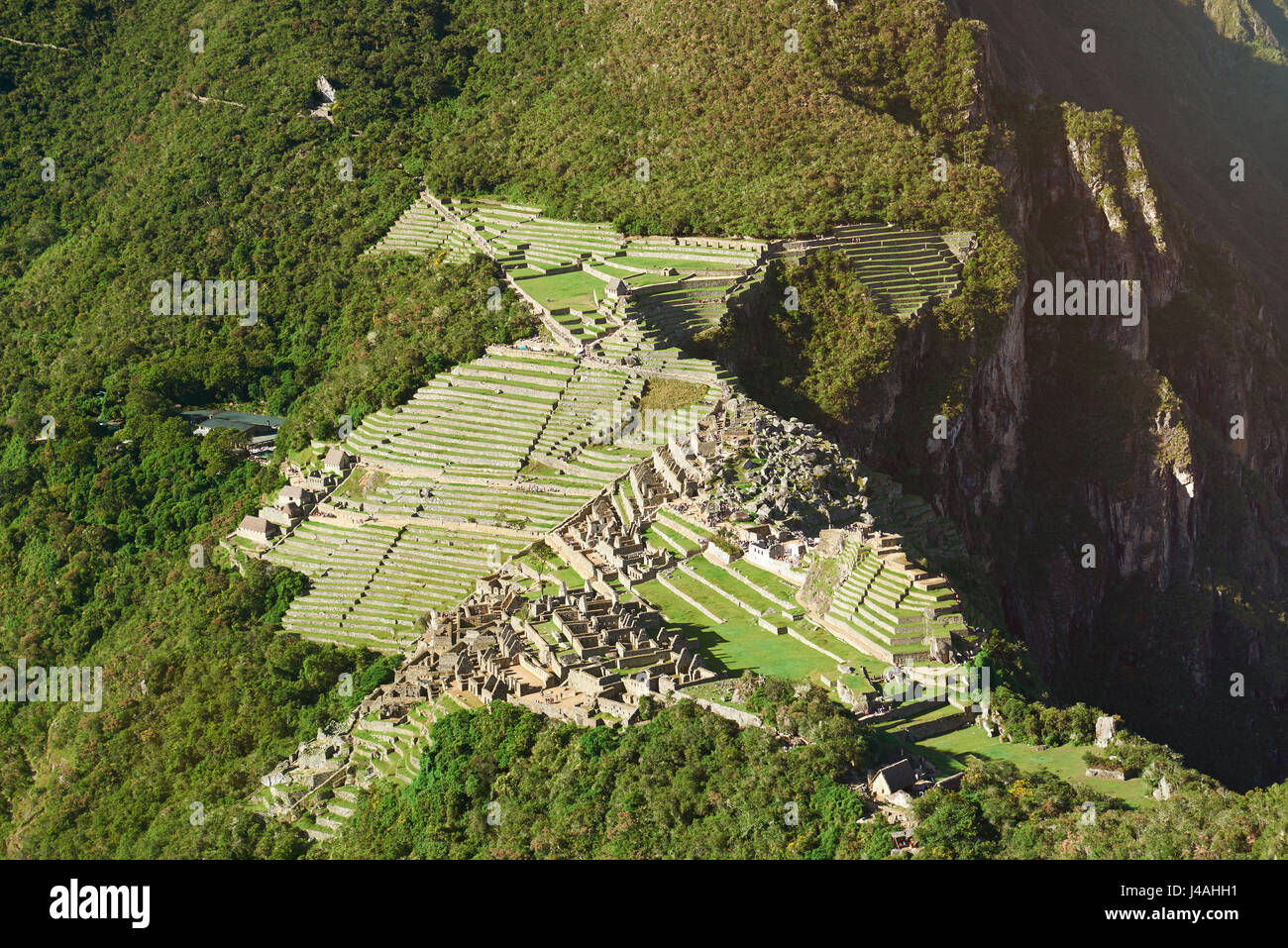 Ancient inca town Machu Picchu top view. Famous Machu Picchu city Stock Photo