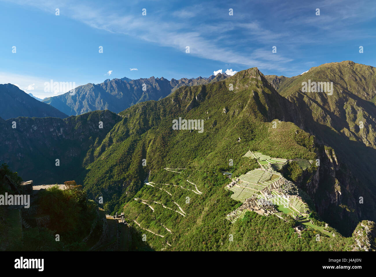 Panoramic view on lost Machu Picchu  town. Wide view on ancient Ica city from above Stock Photo