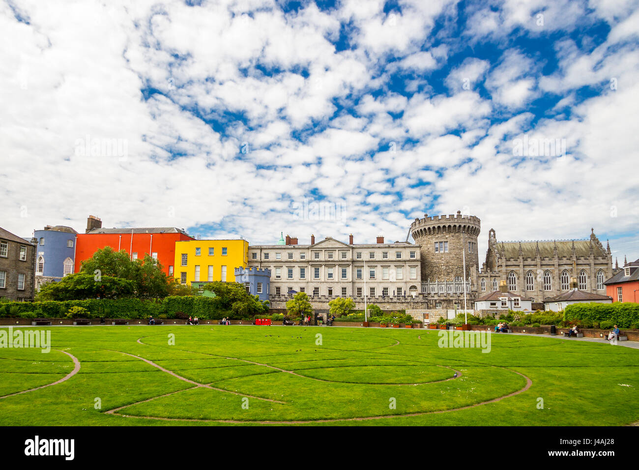 Dublin Castle, Dublin, Ireland. View over Dubh Linn Gardens to Bermingham Tower, State Appartments, Octagonal Tower, Record Tower and Chapel Royal. Stock Photo