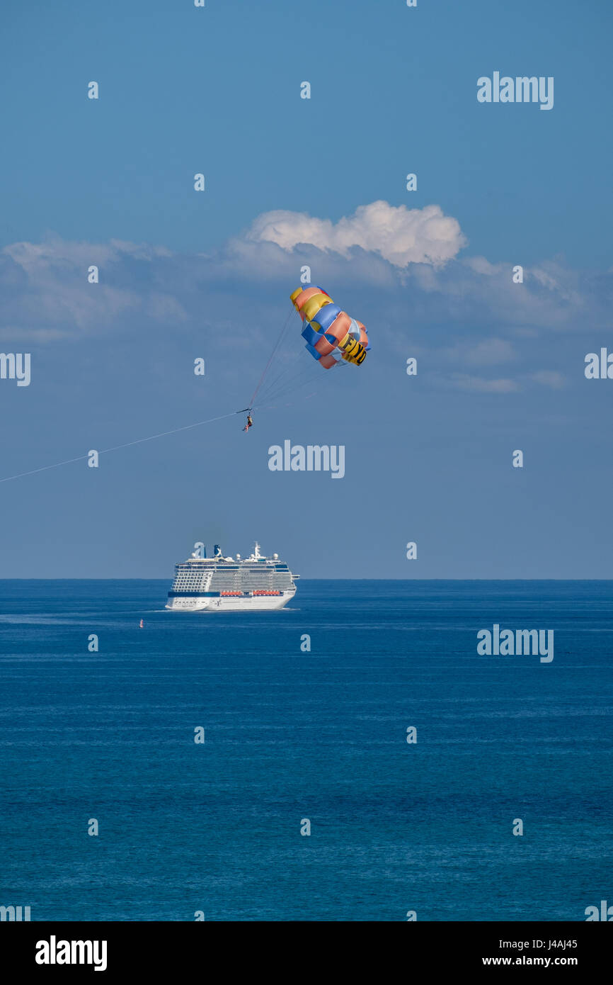 Cruise ship at sea off Miami Beach with parasailing Stock Photo