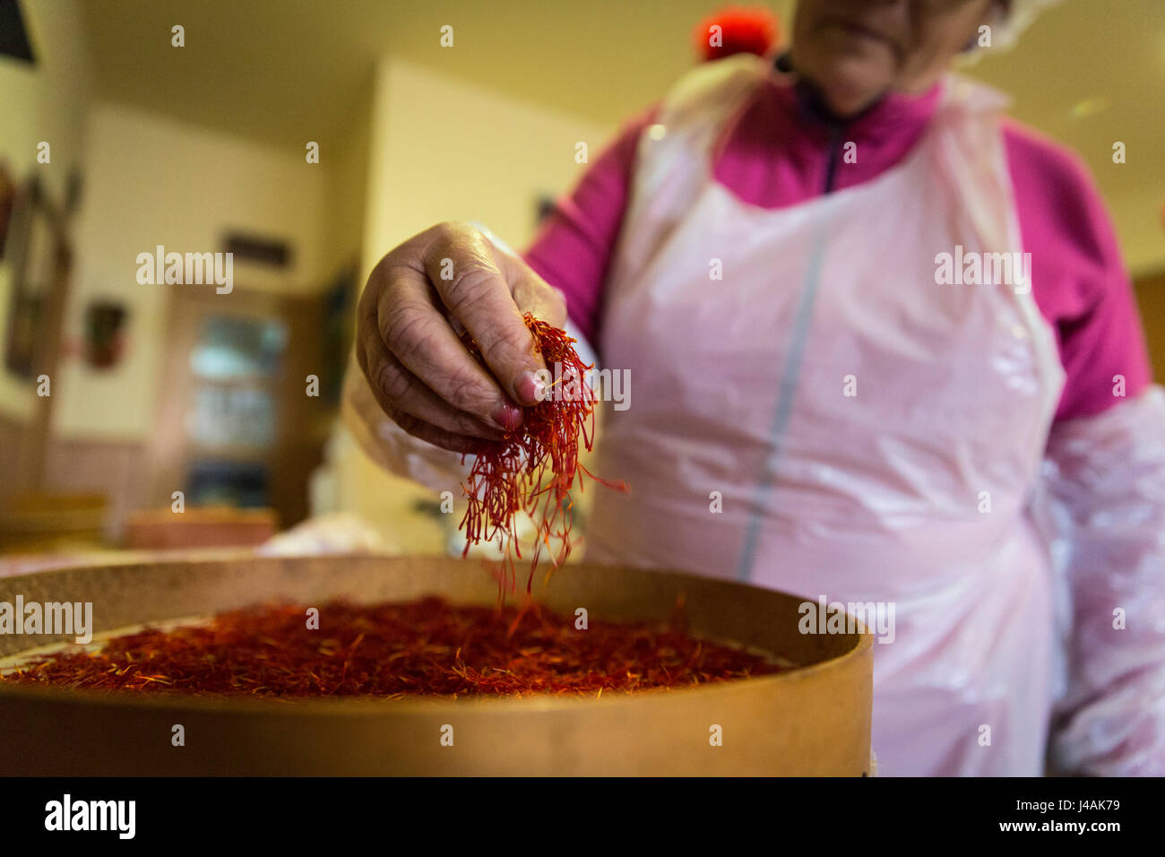 A woman toasts saffron pistils using a sieve Stock Photo - Alamy