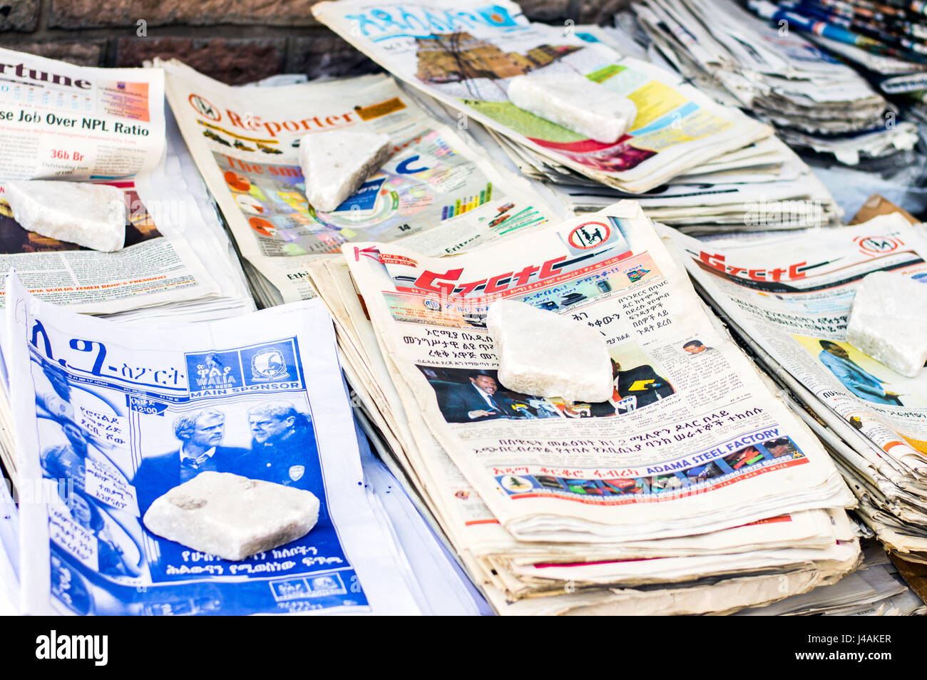 Local newspapers on sale, King George V1 Road, Arat Kilo, Addis Ababa, Ethiopia Stock Photo