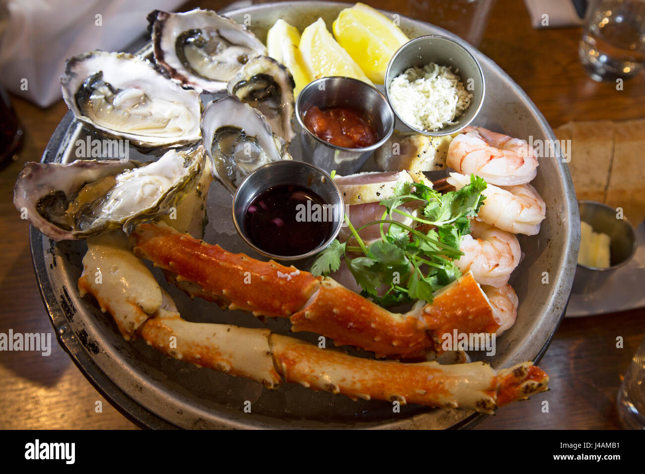 A seafood platter of local produce served in Vancouver, Canada. The
