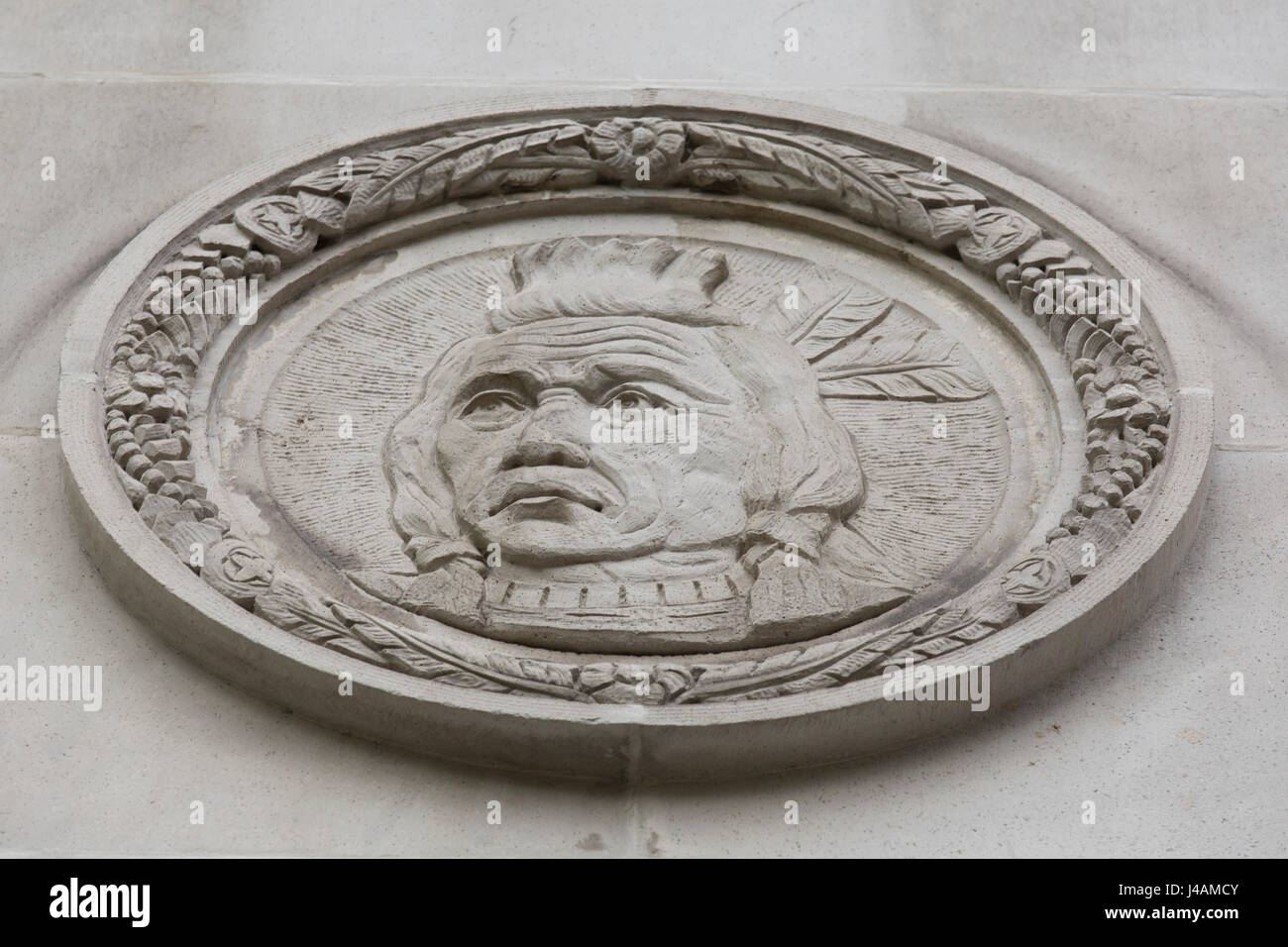 Depiction of a First Nations chief on the wall of the Fairmont Vancouver Hotel in Vancouver, Canada. Stock Photo