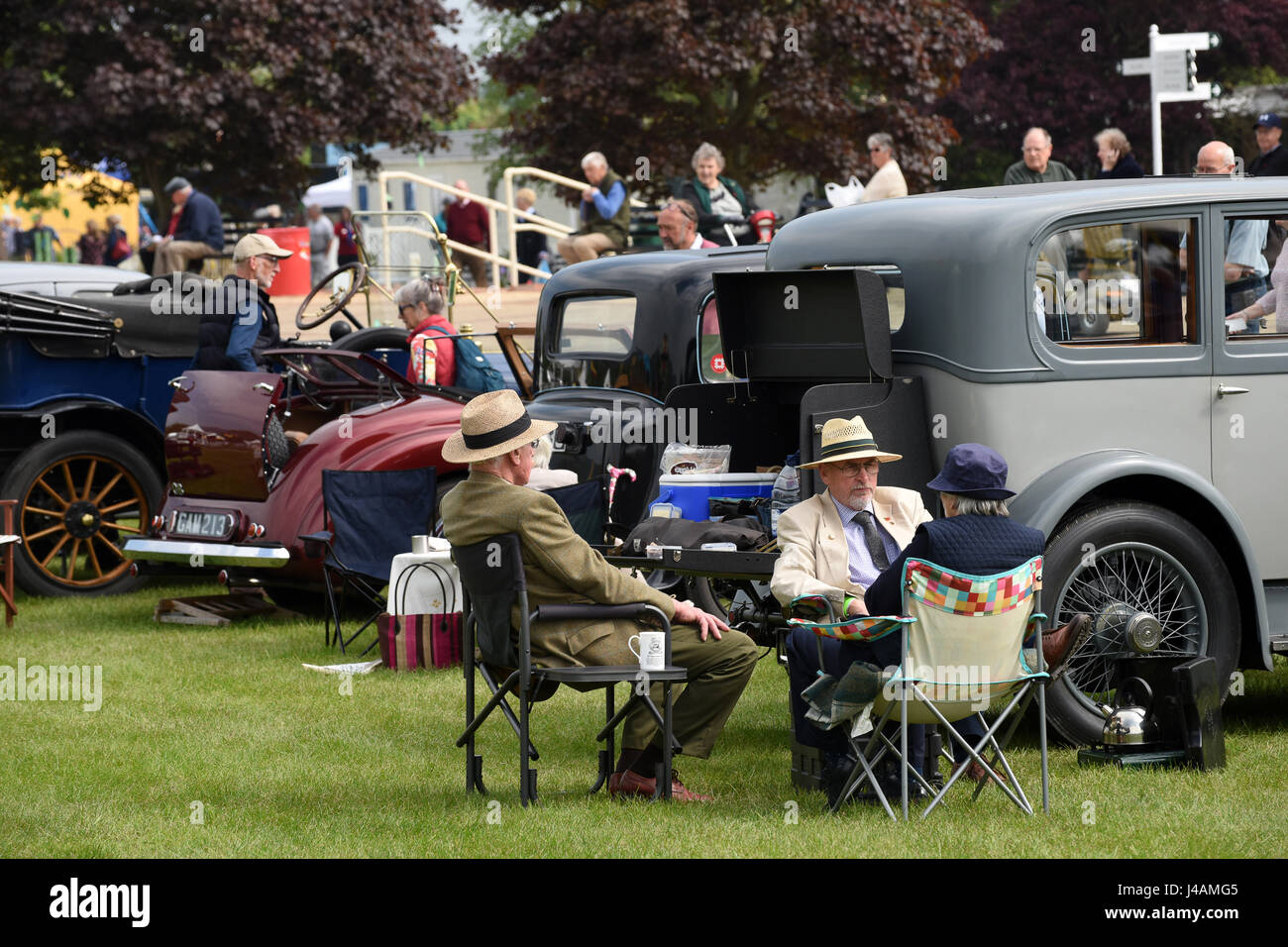 Classic car owners relaxing next to their vintage motor cars at Malvern Show Uk 2017 Stock Photo