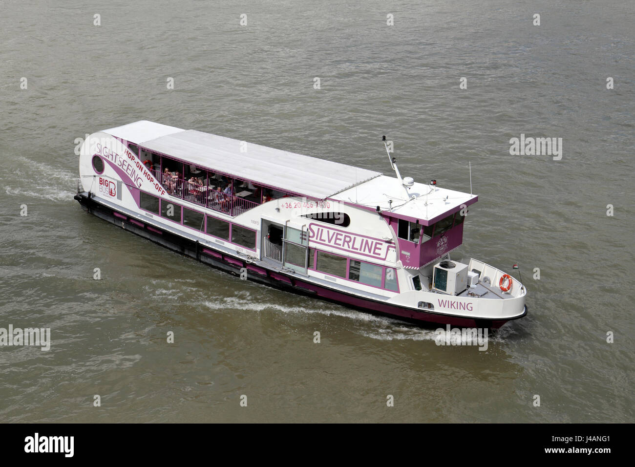 The 'Wiking', a Silverline tourist hop-on-hop-off tourist boat on the River Danube, Budapest, Hungary. Stock Photo