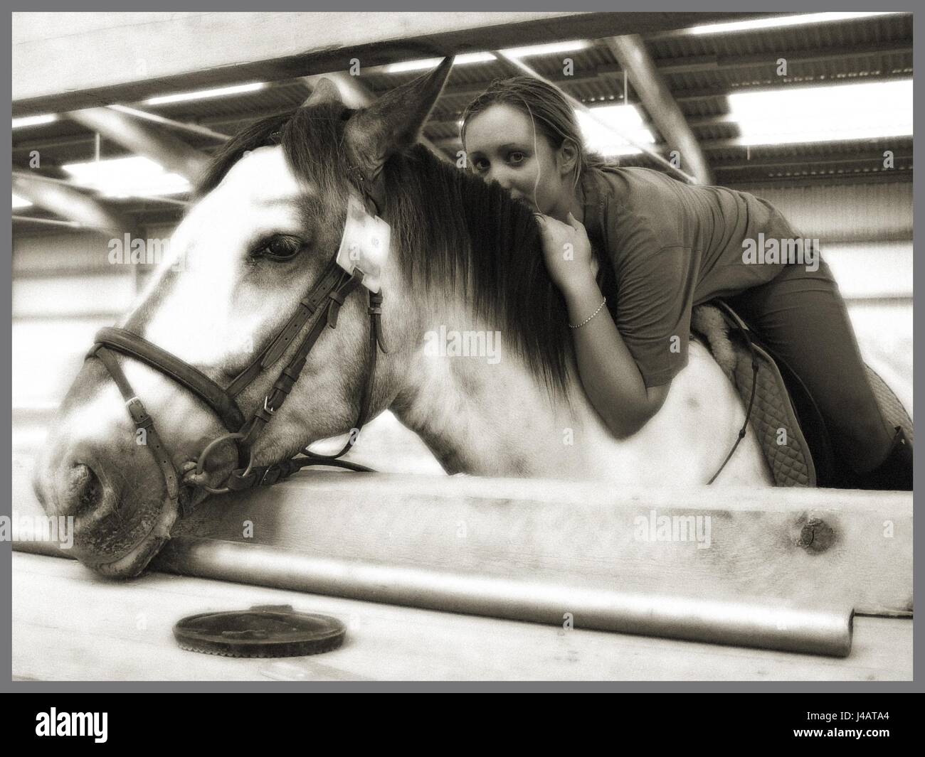 woman ride horse dreamy bw horsewoman horseriding girl girls enjoying Stock Photo