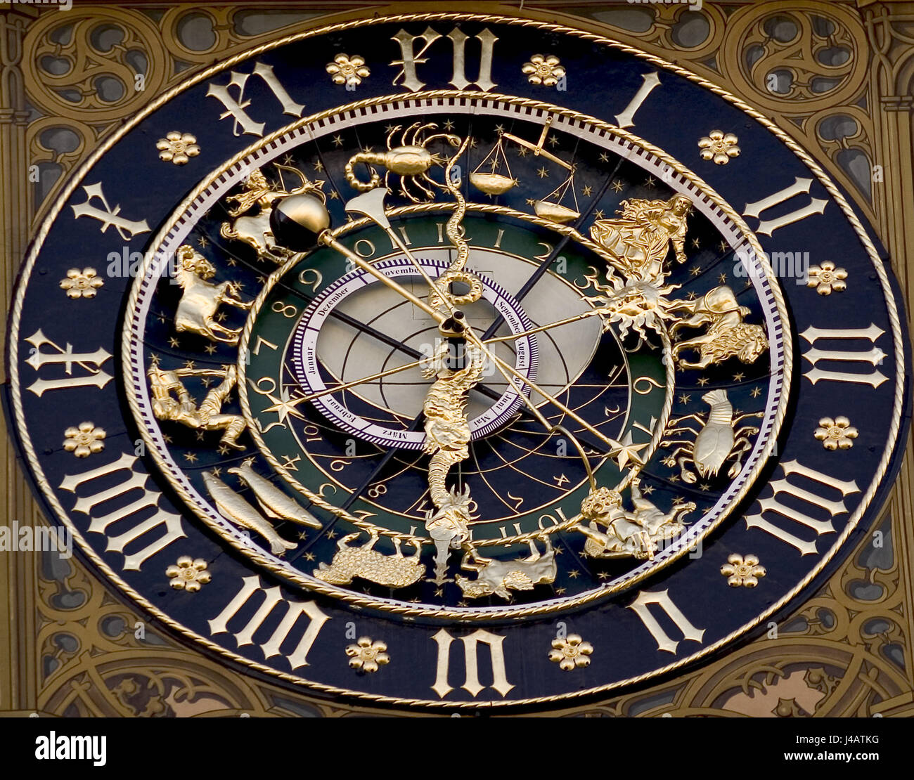 historical antique clock pointer town hall sign of the zodiac dial phases  gold Stock Photo - Alamy